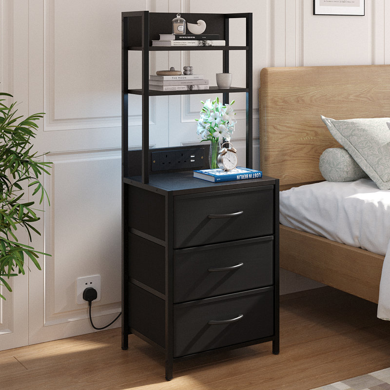3-Drawer Nightstand with Charging Station & RGB Light Strip, Fabric Drawers, Black 