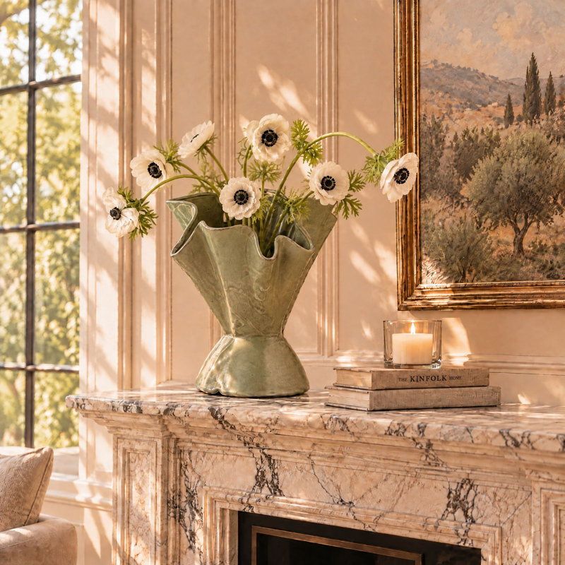Stoneware Ruffled Vase with Reactive Glaze, Sage