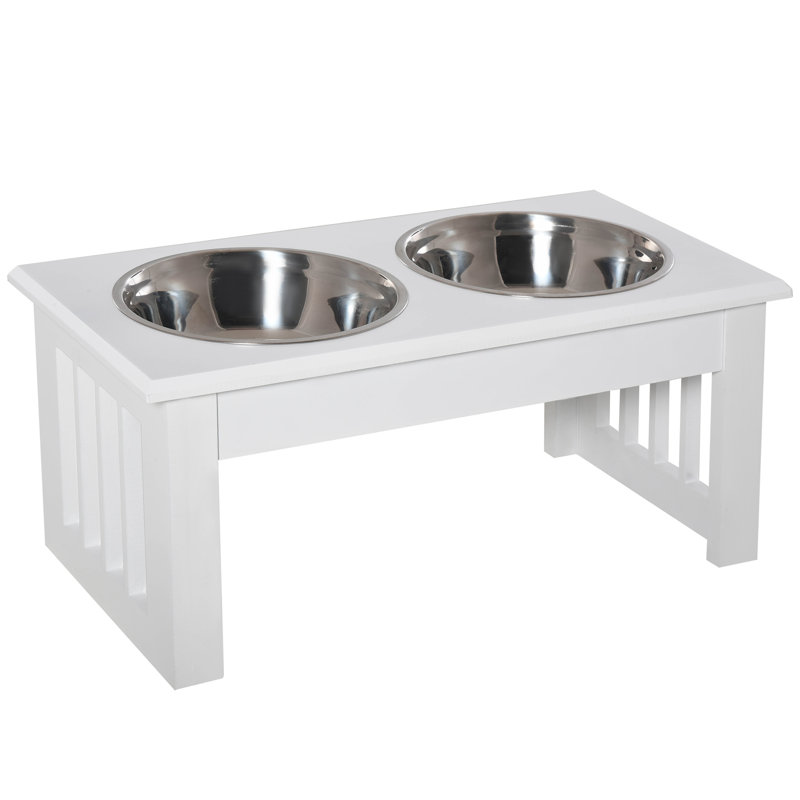 Mangeoire pour chien surélevée de 6 po pour petits chiots / animaux de compagnie, cadre en bois blanc avec bols en acier inoxydable