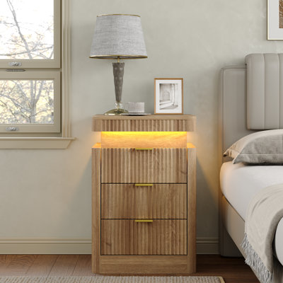 Fluted Night Stand With Charging Station & LED Light, 3-Drawer Bedside Table For Bedroom & Living Room, Modern Sofa Side Table With Sliding Top & Outlets/USB