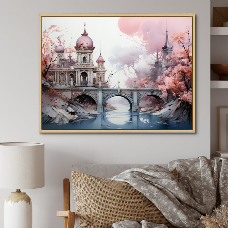 «Pink Bridge Enchanted Crossing I», reproduction sur toile, H 24 po x l 32 po x P 1 po, Cadre naturel flottant