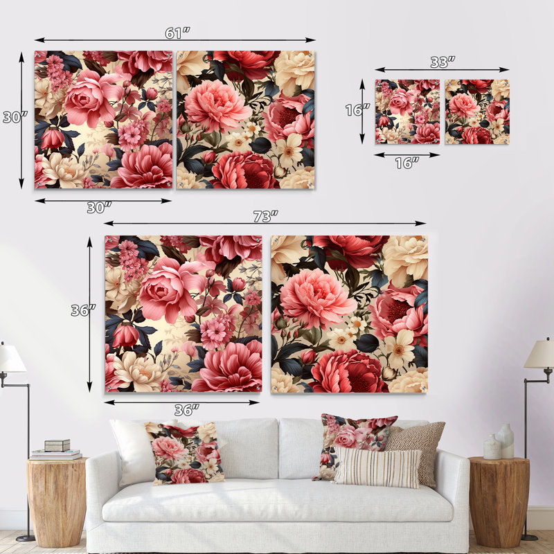 «Vintage Roses Grace Victorian Motif I», ensemble de 2 art mural en verre acrylique, H 36 po x l 73 po