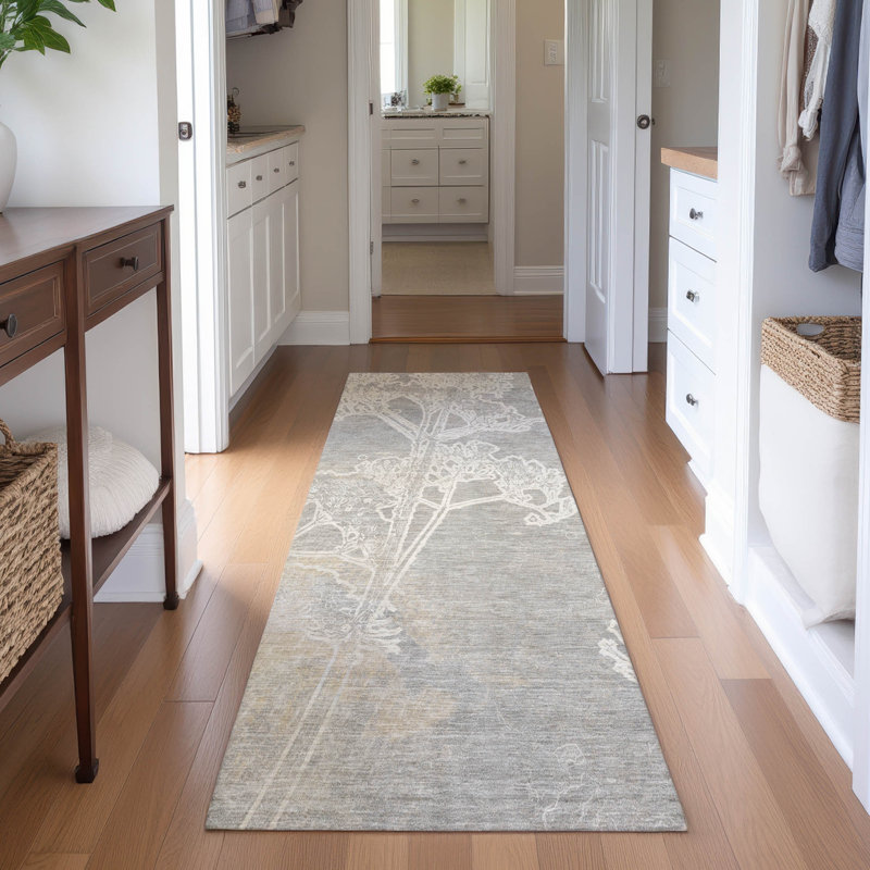 Premium Machine Washable Mayfield AMF2239 Floral Rug, Silver, 2'3" x 7'6" Runner