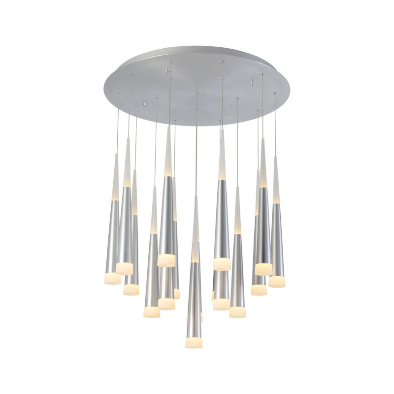Lustre à DEL unique à plusieurs niveaux 16 lumières pinson, Argent anodisé