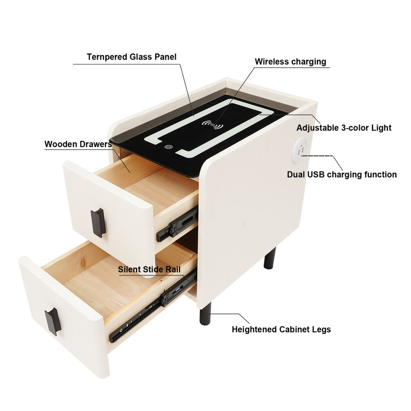 Narrow Smart Night Stand With Charging Station And LED Light