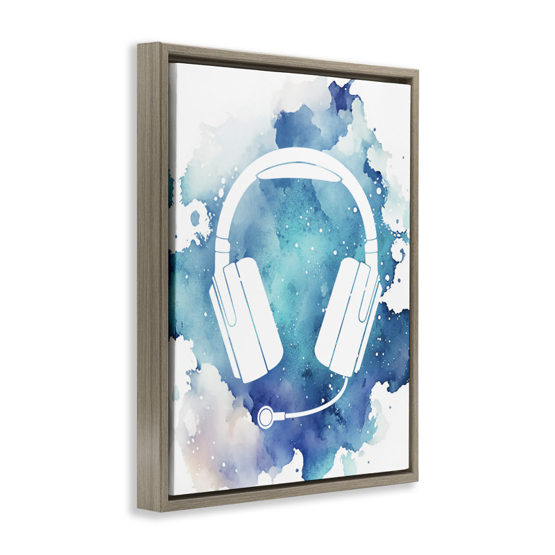 Blue Headphone Splatter Floating Frame, design by Marcus Prime, Montalcino Elm Floater Frame, 31" H x 25" W