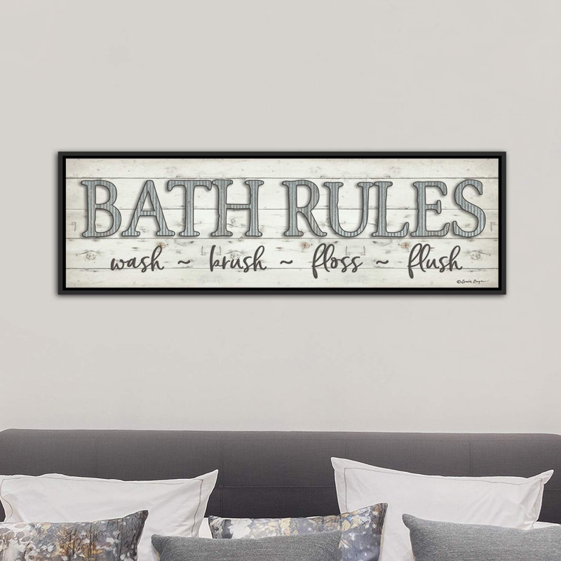 " Bath Rules " by Susie Boyer, Distressed Black Floater Framed, 16" H x 48" W x 1.5" D