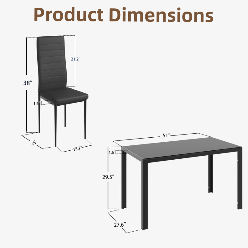 Black Tempered Glass Top Dining Table Set with Faux Leather Chairs