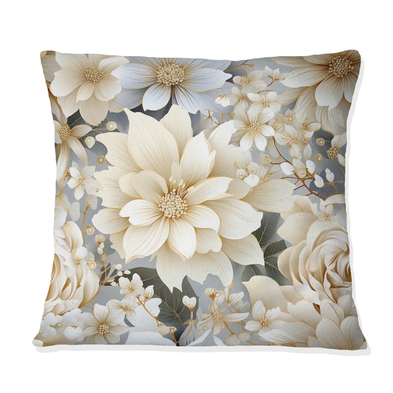Coussin décoratif blanc à motif floral bohème et mandalas III, H 18 po x l 18 po