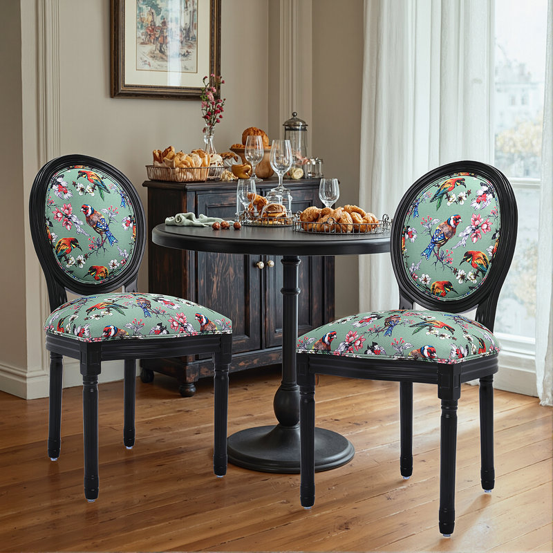 Macaulay 51cm H Linen Upholstered Side Chair, Green Bird and Flower, Black