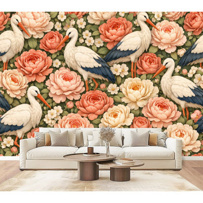Peel and Stick Wallpaper Stork Birds Floral Garden Pink Red Roses Wall Murals 69"H x 96"W Removable PVC Wall Paper Self-Adhesive Wall Decor for Bedroom Living Room Home Office