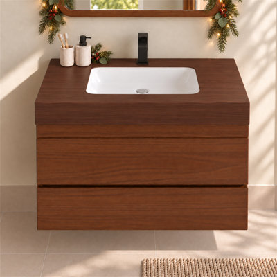Meuble-lavabo flottant mural moderne 30 po, meuble-lavabo simple avec comptoir en faux marbre et lavabo en céramique, tiroirs fermés, peu encombrant