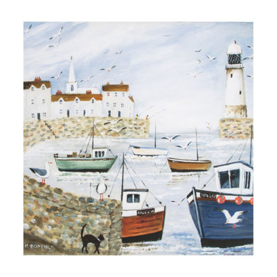 Art for the Home Harbourside Lighthouse Hand Painted Effect Printed Canvas