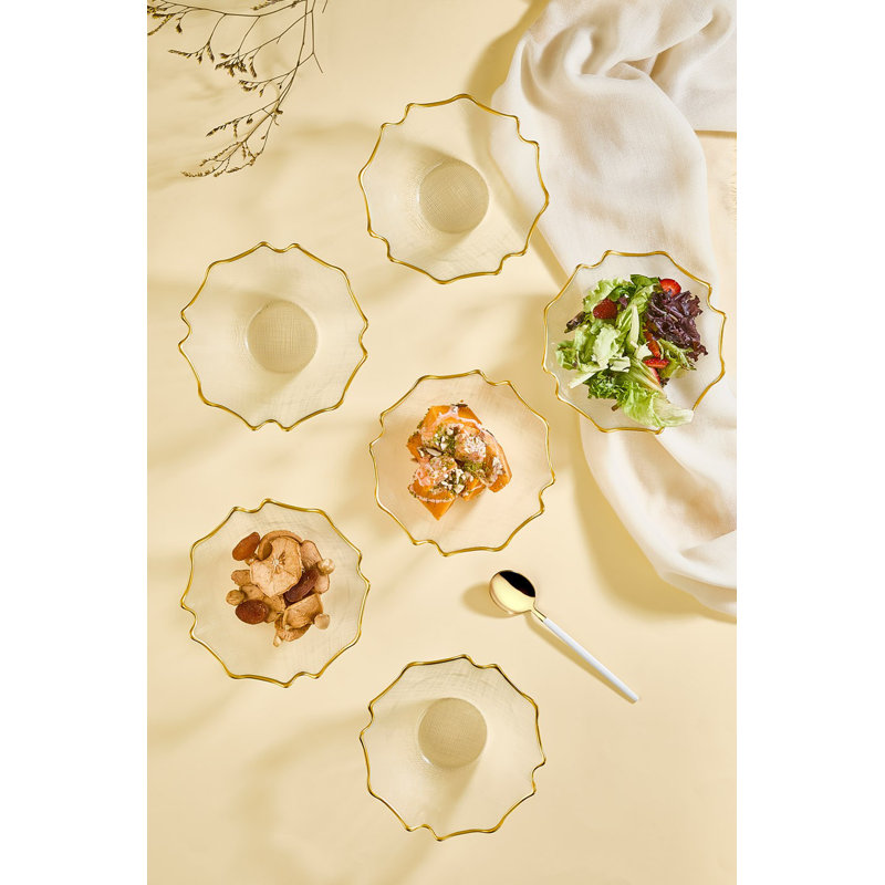 Elegant Glass Bowl Set (6 Pieces), 6.0 inches, Gold Rimmed | 100% Premium Glass, Perfect for Serving & Décor | Dishwasher & Microwave Not Safe, Transparent Color | Ideal for Entertaining & Everyday Use