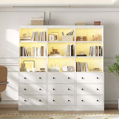 71"H X 70.8"W Book Cabinet Storage Bookcase with USB & Type-C Charging Ports and LED Lights (3A)