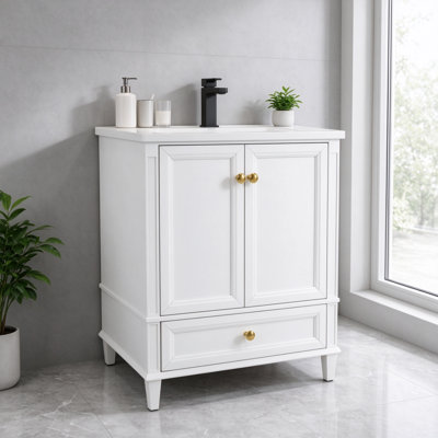 Lavabo de salle de bain moderne autoportant 27,8 po Mid-Century avec tiroir, tablettes de rangement cachées et pieds renforcés