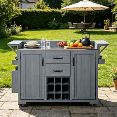 Modern 60.2''W Outdoor Kitchen Island with Wheels, Rolling Patio BBQ Kitchen Cart with Stainless Steel Top, Wood Grill Cart with Spice Rack&Wine Rack,2 Drawers