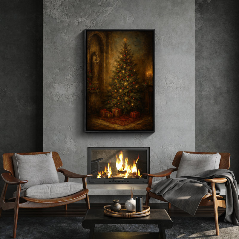 Arbre de Noël d'inspiration antique, décoration murale encadrée avec impression de cadeaux, H 36 po x l 24 po, Noir