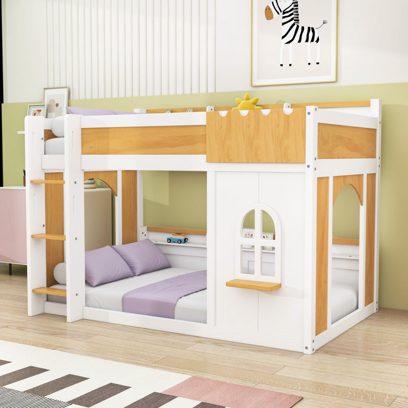 Multifunctional Wooden Bunk Bed with Shelves, Twin Over Twin