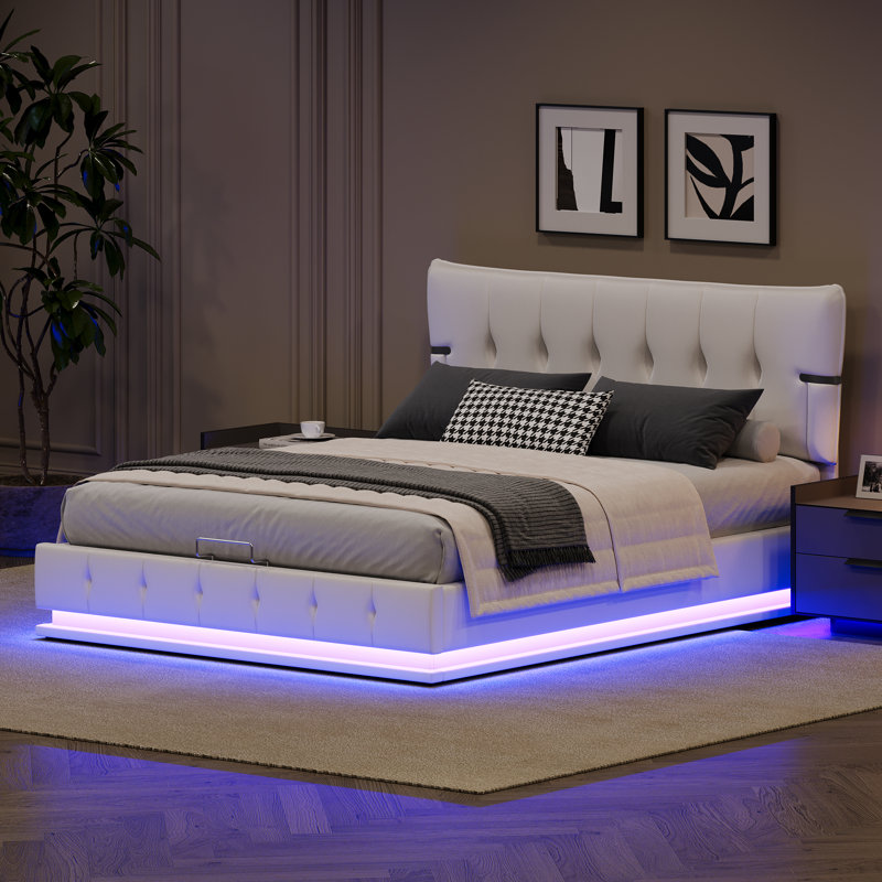 Lit plateforme de rangement hydraulique grand format avec lit tapissier, lit de rangement relevable avec lumière à DEL RVB, tête et pied de lit en similicuir, aucun sommier nécessaire