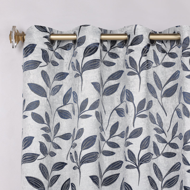  Finklea Floral Pattern Polyester Light Filtering/Room Darkening Rod Pocket Curtain Panels, White/Navy, 46" W x 63" L