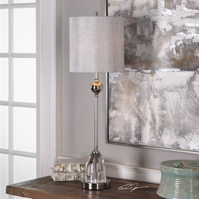 Candelaria Polished Nickel and Crystal Table Lamp with Silver Linen Shade