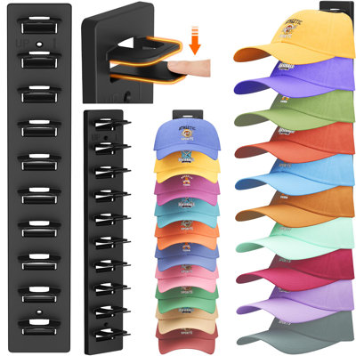 Wall-Mounted Hat Organizer, 20 Baseball Caps Storage with Elastic Clamps (Each Holds 10), Hat Display Rack for Door, Retail Store, Nails or Adhesive, Closet Cap Holder, Black, 2-Pack