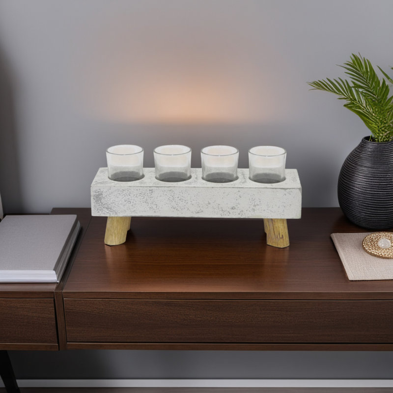 Vase d'appoint Cabo avec 4 pots en verre, pieds en bois, céramique grise 15 pouces