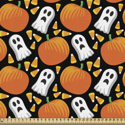Tissu d'Halloween à la cour, éléments fantasmagoriques répétitifs fantômes et citrouilles, tissu décoratif pour le revêtement et les accessoires de maison, vert fougère souci