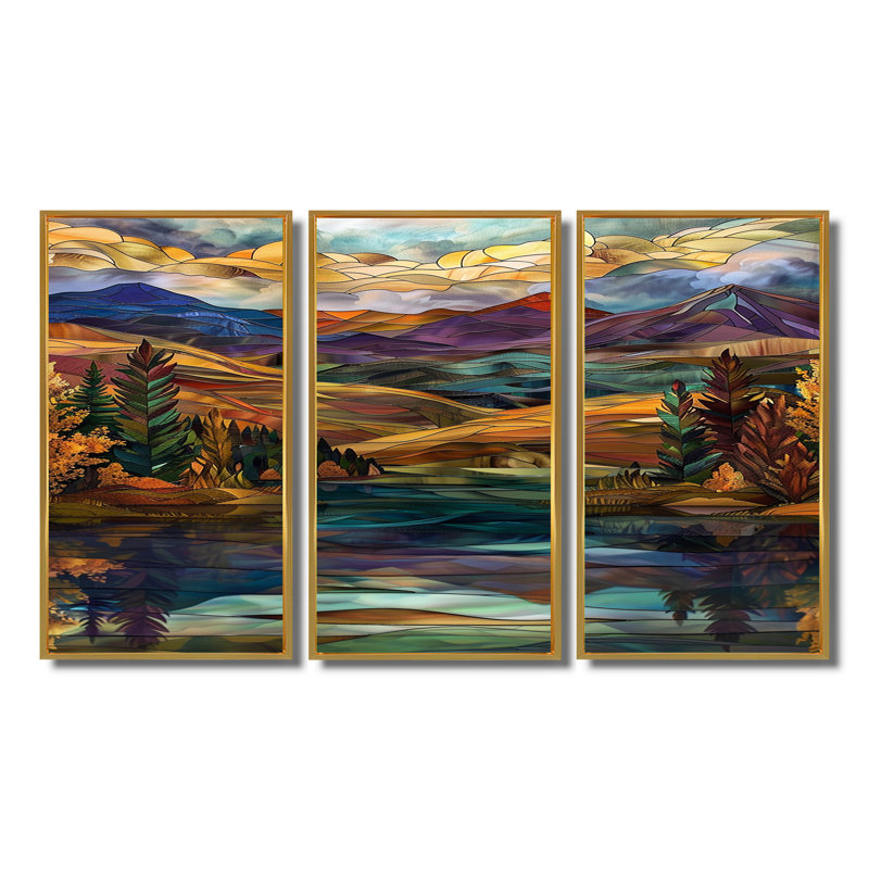 «Mountain Lake Faded Autumn Colors», ensemble d'art mural abstrait, Cadre flottant doré, H 32 po x l 48 po x P 1 po