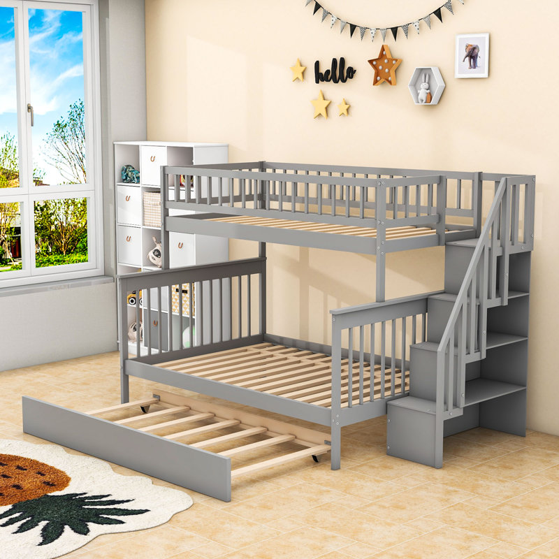 Twin Over Full Wooden Bunk Bed With Trundle And Storage Shelves, Gray