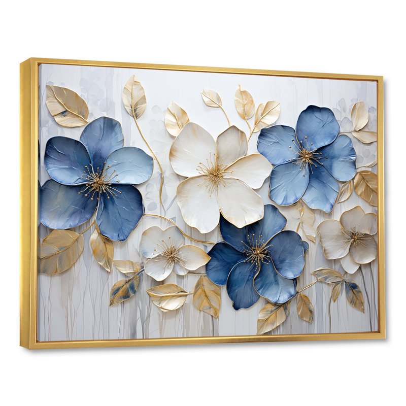 «Blue and Gold Adorned Violets III - Violets», reproduction sur toile, 16" H x 32" W, Cadre flottant doré