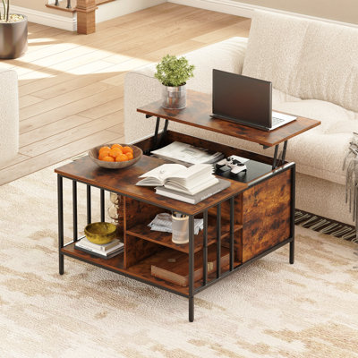 Table basse à plateau relevable avec rangement Farmhouse - Table de salon à hauteur réglable de 31,5 po, centre multifonctionnel pour la famille avec compartiment caché et 3 tablettes (capacité de 110 lb, facile à nettoyer)