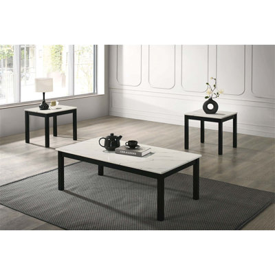 Ensemble de table contemporaine 3 pièces avec plateau en faux marbre et pieds en bois pour le salon principal