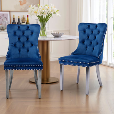 Velvet Dining Chairs Set Of 6, Upholstered High-End Tufted Dining Room Chair With Nailhead Back Ring Pull Trim Metal Legs, Contemporary Nikki Collection Modern Style For Kitchen