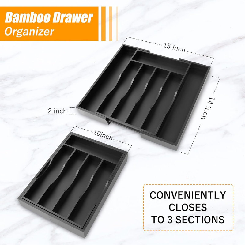 7 Slots-2PC Expandable Bamboo Silverware Organizer – Premium Utensil Drawer Tray With Grooved Slots For Flatware & Kitchen Tools – Versatile Cutlery Holder – Ideal Day Gift