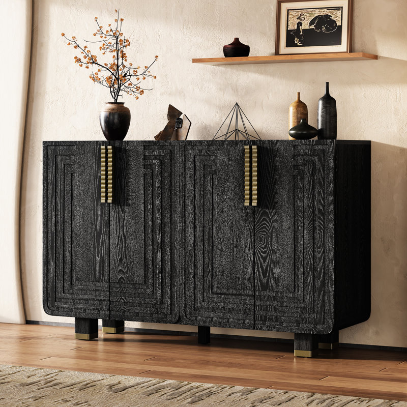 Buffet rétro 54 po avec rangement, armoire rétro à 4 portes avec cannelures et tablettes réglables pour la salle à manger, la cuisine et le salon (noir)