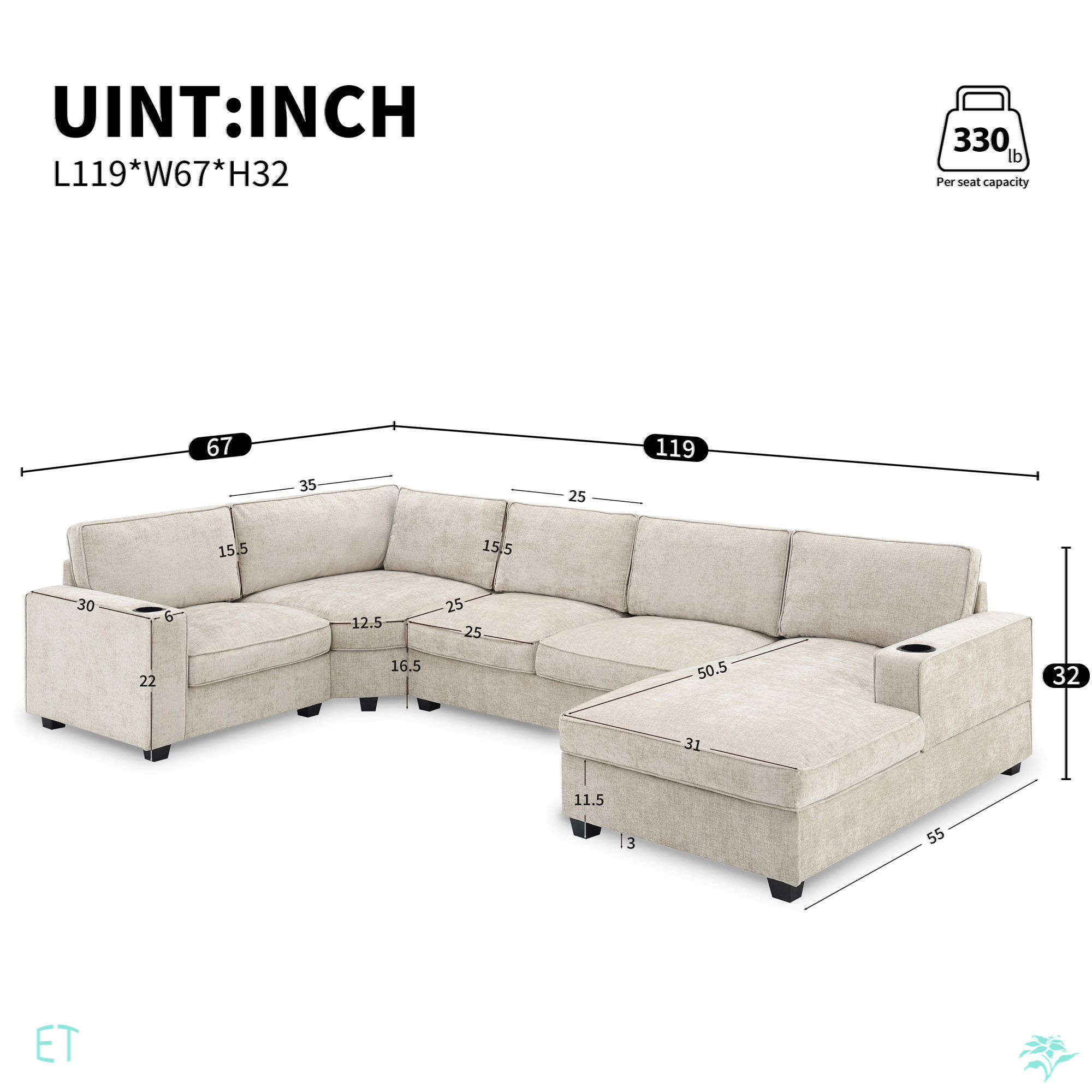 Latitude Run® 119*67" U Shaped Sectional Sofa,6 Seat Chenille Corner ...