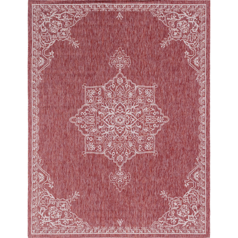 Tapis intérieur / extérieur rouge / blanc Cowger, Rectangle 9 pi x 12 pi 2 po