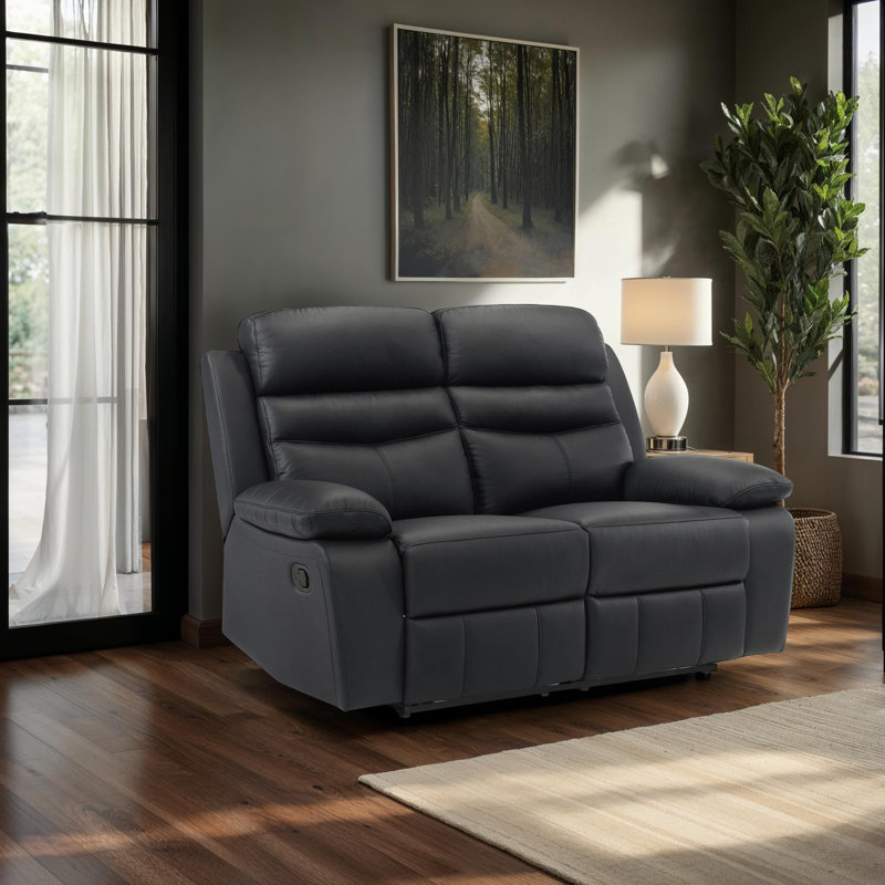 Kaniel 64" Modern & Contemporary Top Grain Leather Manual Double Reclining Loveseat with Plush Pillow Top Armrests, Black