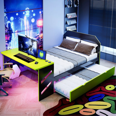 Wood Bed With Trundle, Desk And USB