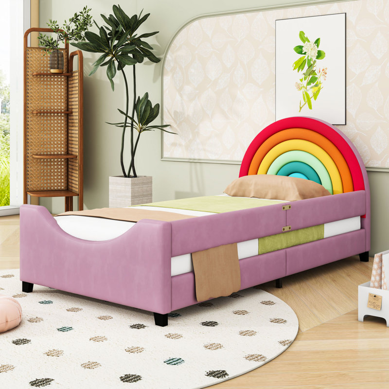 Lit plateforme simple tapissier en velours avec clôture de sécurité