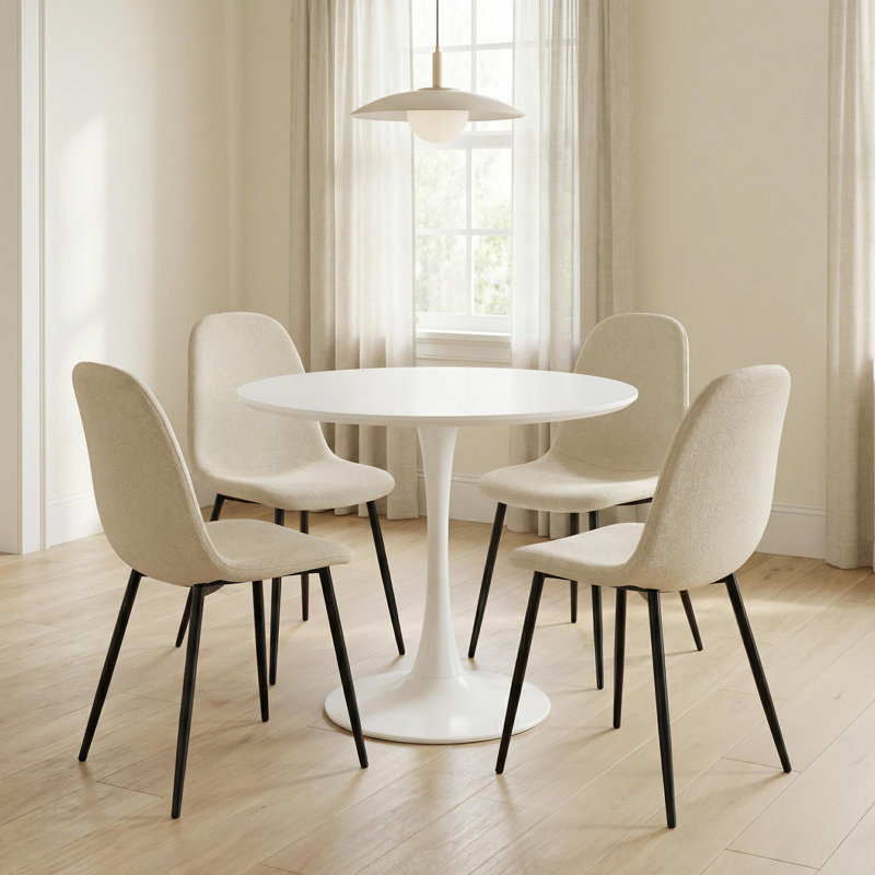 5-piece Mid-century Modern Dining Set, 31.5" Round Dining Table With 4 Beige Linen Upholstered Chairs