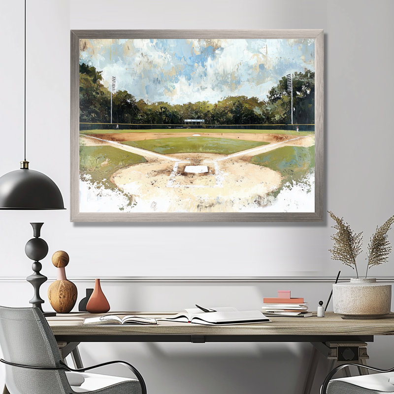 Baseball Field Landscape - Sport Baseball, impression d'art mural, 16" H x 32" W, Argent argent