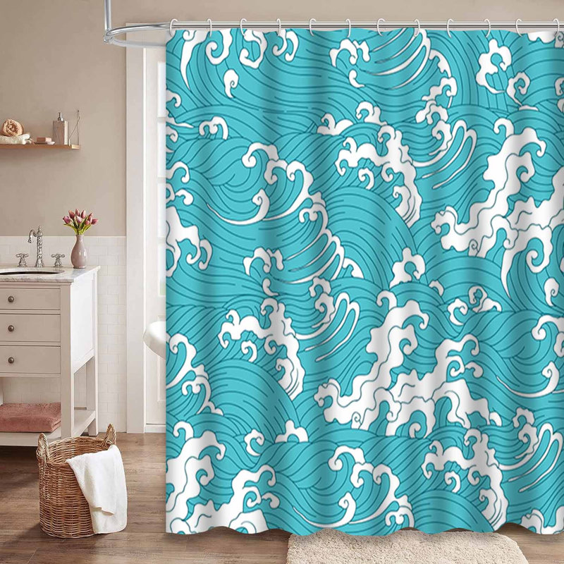 Rideau de douche imperméable nautique à motif japonais avec 12 crochets, L 72 po x l 78 po