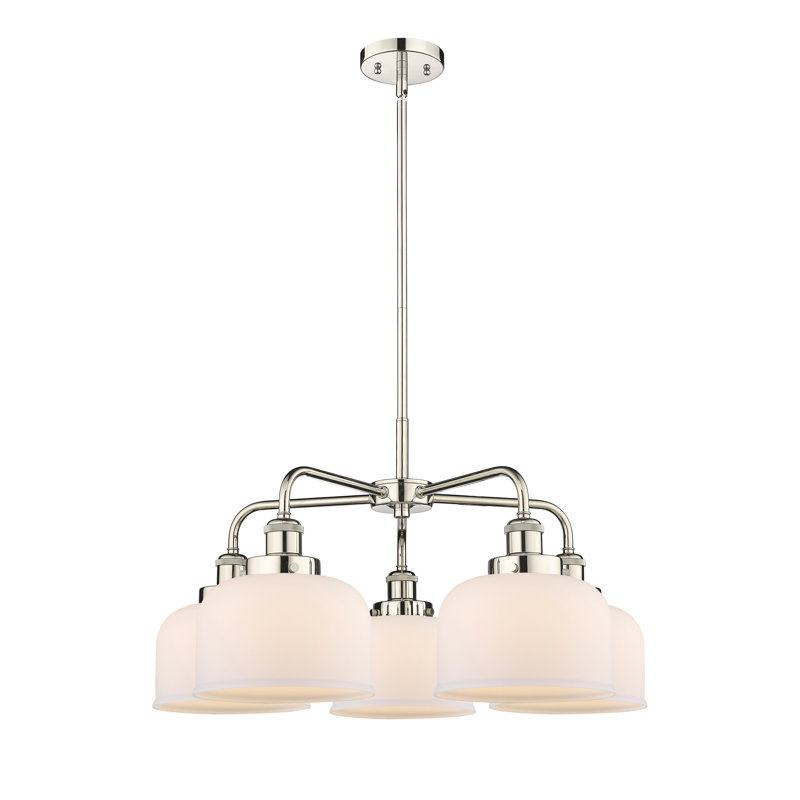 Lustre en verre à 5 lumières Bell, Blanc mat, Nickel poli