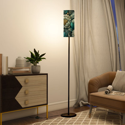  68.5" Standing Floor Lamp Luxury Botanical Ornament Sapphire Rose Gold Florals Dimmable Metal Pole Lamp with Linen Lampshade LED Bulb Included
