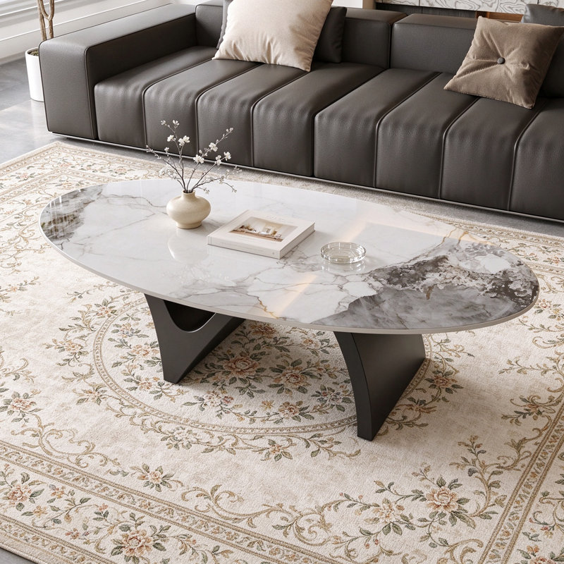 51" Modern Oval Coffee Table, Glossy Sintered Stone Table top With N-Shaped-Steel Base