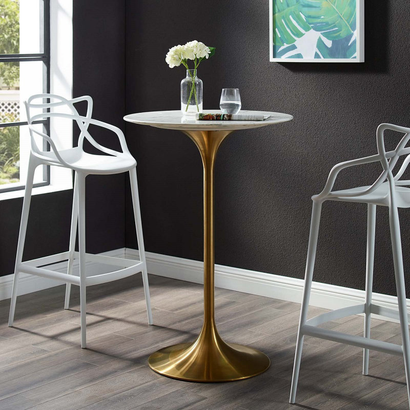 Tazio Round Marble Dining Table, 30.5" W x 32" L, Gold