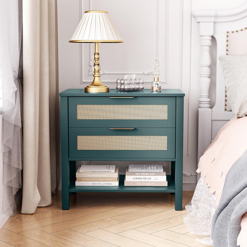 Table de chevet étroite en rotin avec 2 tiroirs et tablette de rangement Boho, Vert
